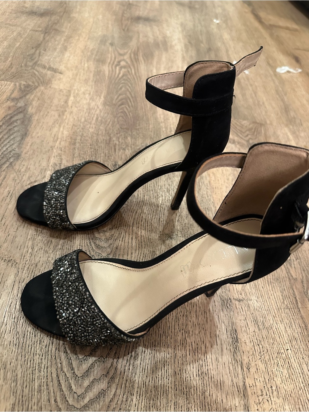Aldo Black Ankle-Strap Heels with Silver Glitter Toe Band - Picture 4 of 9